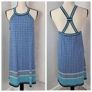 Max Studio NEW Women's XL Blue Geometric Strappy Back Halter Jersey Shift Dress
